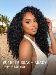 A photo collage featuring a woman wearing a curly black wig, titled "Summer-Beach Ready."Shows her on a beach with a voluminous side-parted look with all around finger coil ends for a defined, active style.
