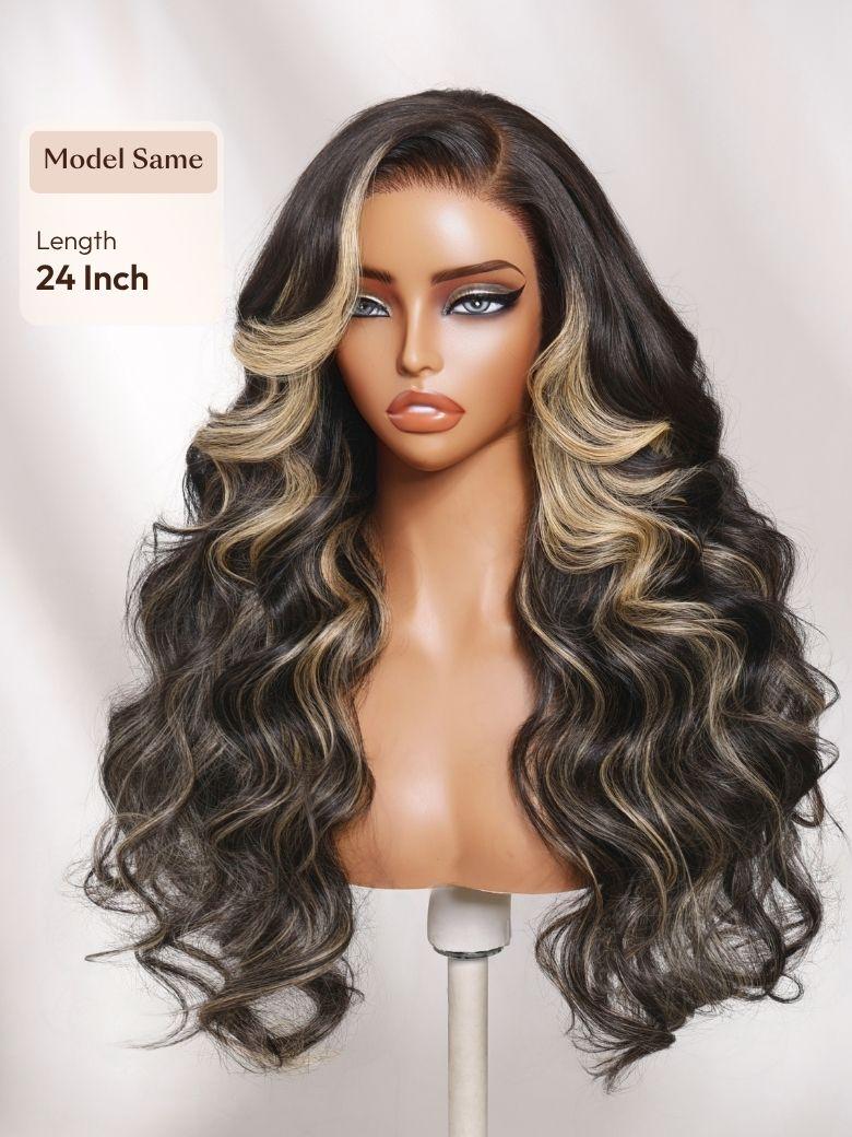 7x5 Bye-Bye Knots? & 13x4 Pre-Everything? & HD Lace Frontal Pull And Go Black Fluffy Natural & Balayage Highlights Loose Wave Wispy Bangs Wig