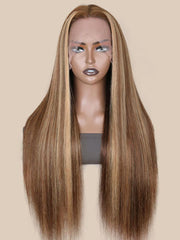 Straight Honey Blonde Highlight Lace Wigs Virgin Human Hair Wigs Pre Plucked With Baby Hair