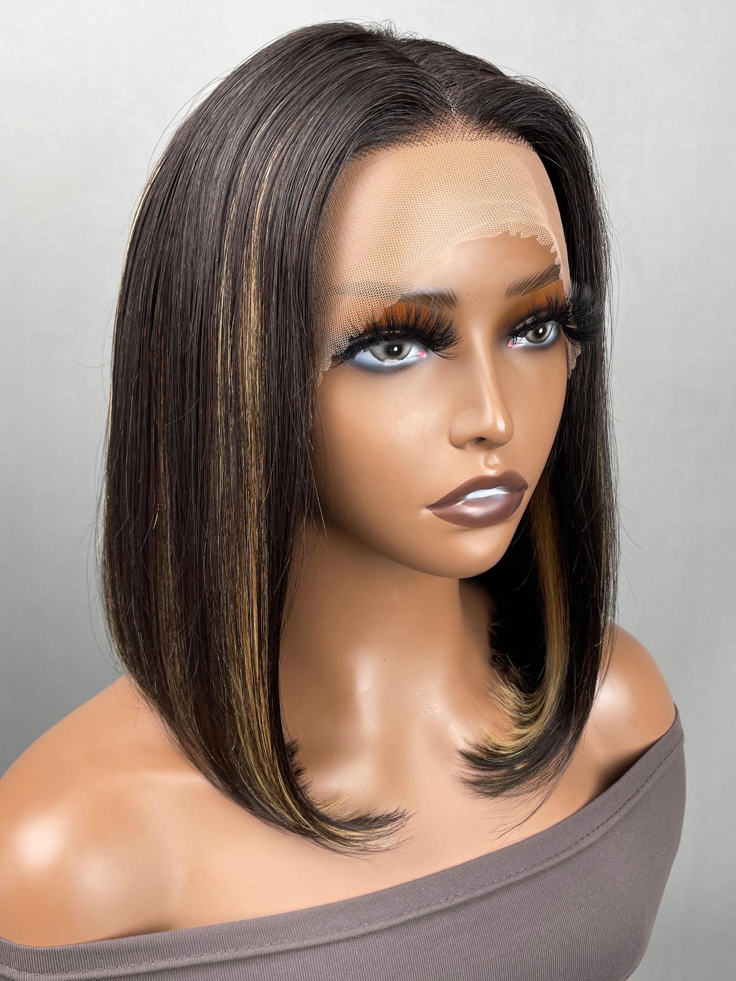 13x4 Lace Front Black Straight Bob Wig With Subtle Blonde Highlights