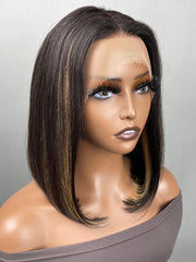 13x4 Lace Front Black Straight Bob Wig With Subtle Blonde Highlights