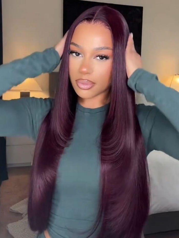 Petaluxe 13x4 Bye Bye Slip? Lace Frontal Black Cherry Middle Part Layered Cut Yaki Straight Wig