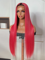 Rose Red Ombre 13x4 Lace Front Straight Wig With Dark Roots