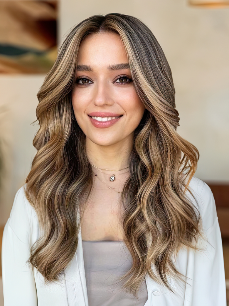 Dark Roots Medium Brown Hair with Highlights Wavy Wig