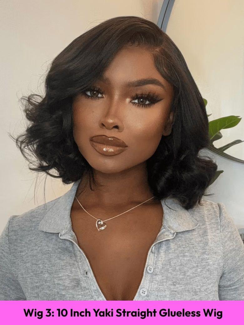 Black Yaki Wig Human Hair Glueless Wig with Blunt Bangs