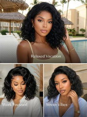 black wavy bob wig styled for a relaxed summer vacation, professional work look, and casual street vibes.