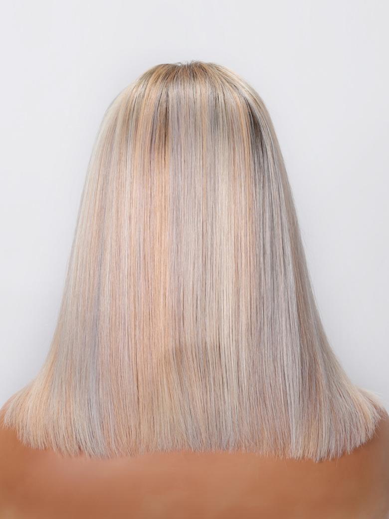 Put On And Go Wig 6x4.5 Glueless Lace Glossy Blonde With Silver Highlight Bob Wig