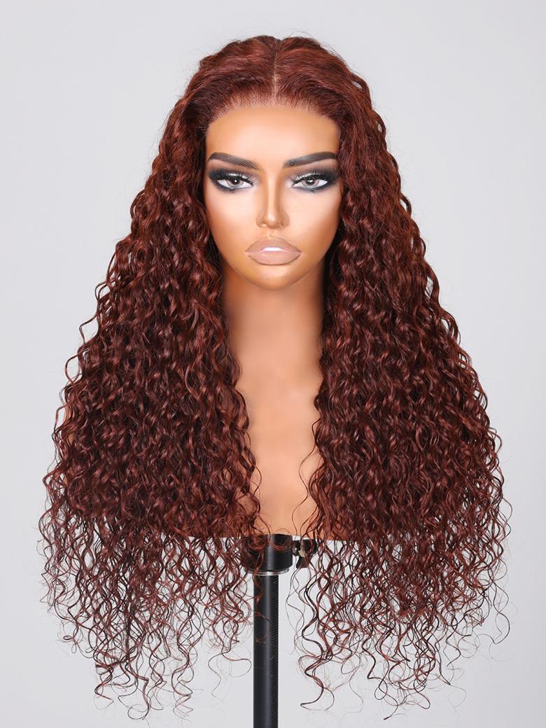 [From 18"] 6X4.5 Pre-Cut Lace Reddish Brown Water Wave Put On And Go Air Wig 150% Density