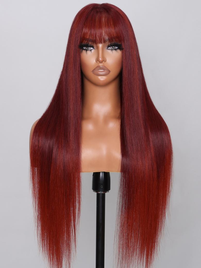 Put On And Go 6x4.5 Pre-Cut Lace 180% Density Cherry Red Straight Air Wig With Bang