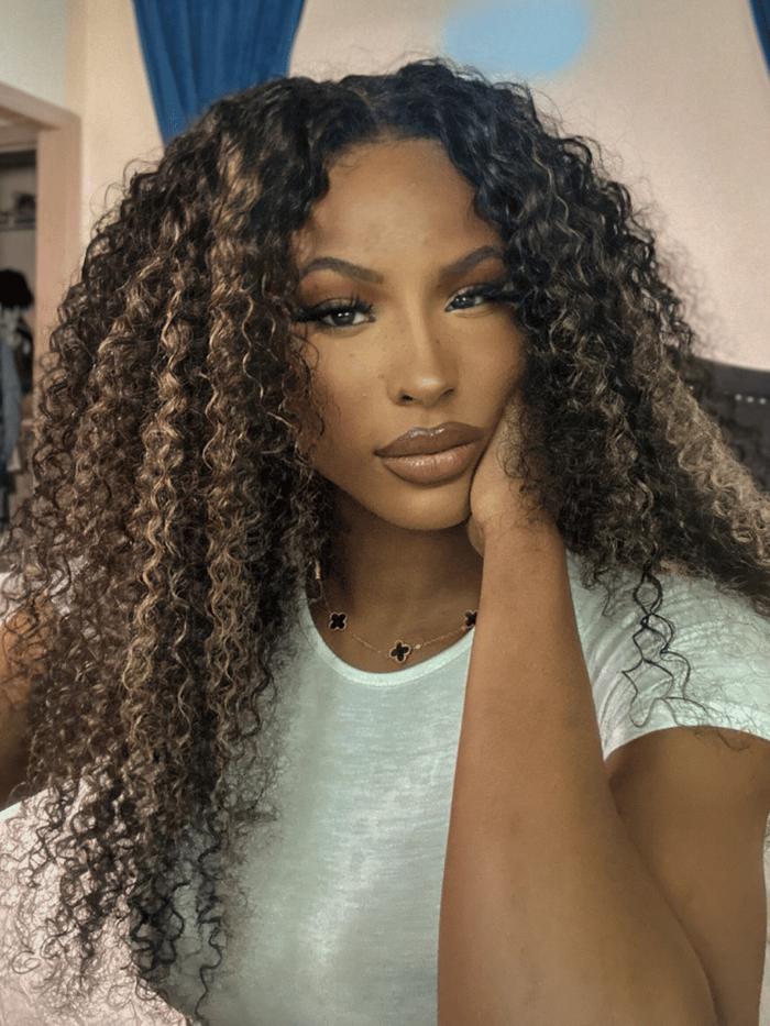 [From 24 Inch-BOGO] Petaluxe 7x5 Glueless Lace Honey Brown Highlights Jerry Curly Wig With Bleached Knots