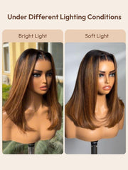 Bye-Bye Knots 7x5 Lace Brown With Blonde Piano Highlights Blunt Bob Wig with Dark Roots