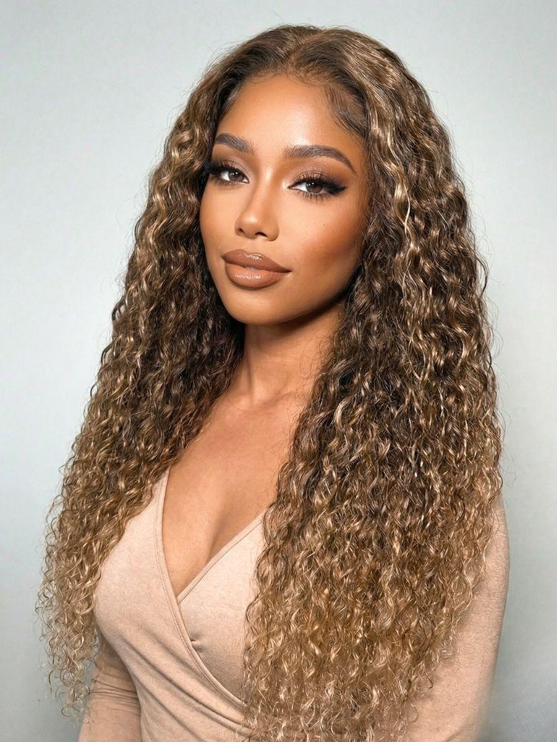 13x4 Bye Bye Slip? Lace Frontal Honey Brown To Golden Blonde Ombre Water Wave Wig with Invisi Drawstring