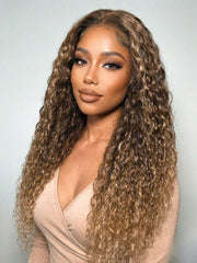13x4 Bye Bye Slip? Lace Frontal Honey Brown To Golden Blonde Ombre Water Wave Wig with Invisi Drawstring