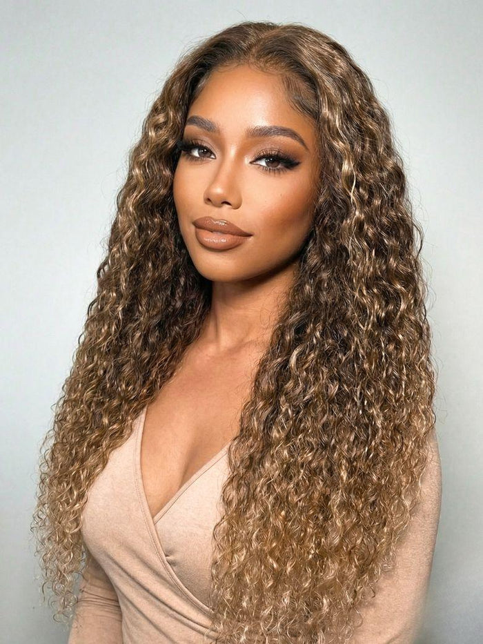 Petaluxe 13x4 Bye Bye Slip? Lace Frontal Honey Brown To Golden Blonde Ombre Water Wave Wig with Invisi Drawstring