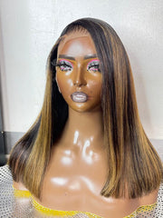 13x4 Lace Front Black With Medium Auburn Brown Highlights Straight Bob Wig