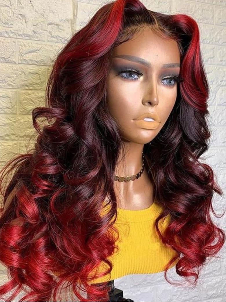200% Density 13x4 Lace Front Dark Brick Red Ombre Loose Wave Wig