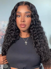 [22"=$147] 200% Density 6x4.5 Lace Put On And Go Glueless Wig Pre Cut & Pre Bleached Lace Black Water Wave Wig With Baby Hair