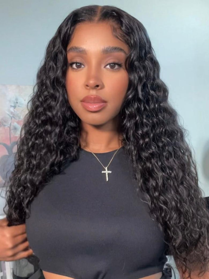 Petaluxe [22"=$147] 200% Density 6x4.5 Lace Put On And Go Glueless Wig Pre Cut & Pre Bleached Lace Black Water Wave Wig With Baby Hair
