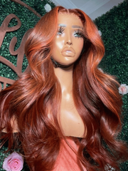 ByeBye Knots 7x5 Lace Red Orange Highlights Wig with Face Framing Layers Loose Wave 150% Density