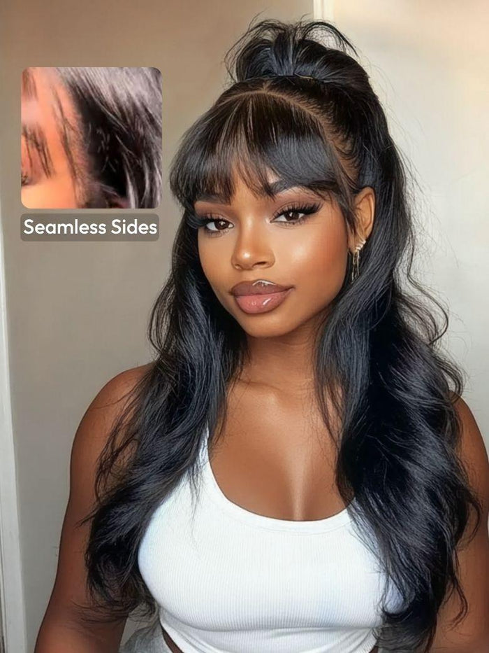 [From 20"]Petaluxe 13x4 Real Scalp Pre-Everything Black Fluffy Loose Wave Curtain Bangs Seamless Sides Wig with Invisi Drawstring