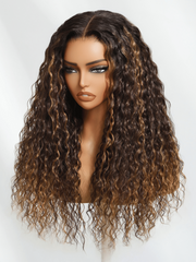 Bye-Bye Knots Wig 7x5 Lace Water Wave Espresso Brown with Caramel Highlights Wig 180% Density