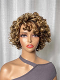 Petaluxe Big Fluffy Brown Mixed Blonde Glueless Bob Curly Wig With Fringe Bangs