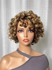 Big Fluffy Brown Mixed Blonde Glueless Bob Curly Wig With Fringe Bangs