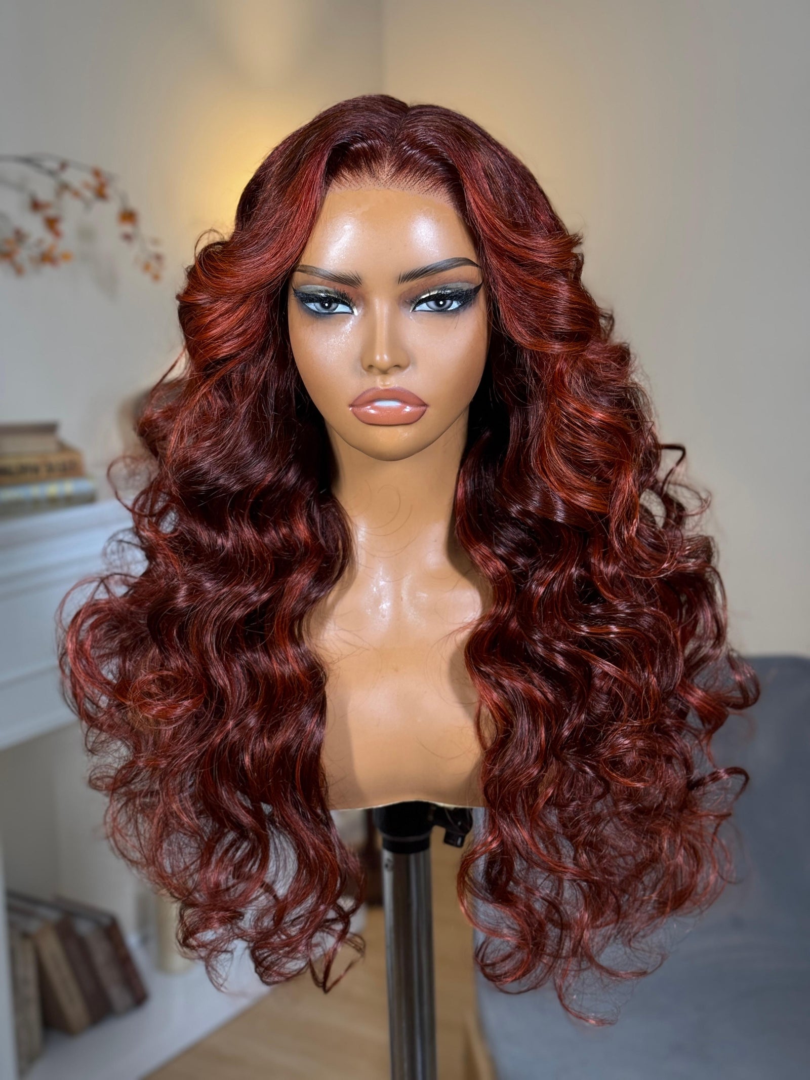 [Discount x2] Bye-Bye Knots 7x5 Lace Loose Wave Red Orange Highlights Wig with Face Framing Layers 150% Density