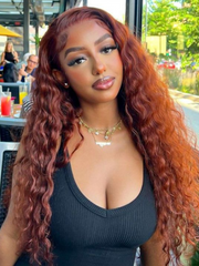 [From 18"] 6X4.5 Pre-Cut Lace Reddish Brown Water Wave Put On And Go Air Wig 150% Density