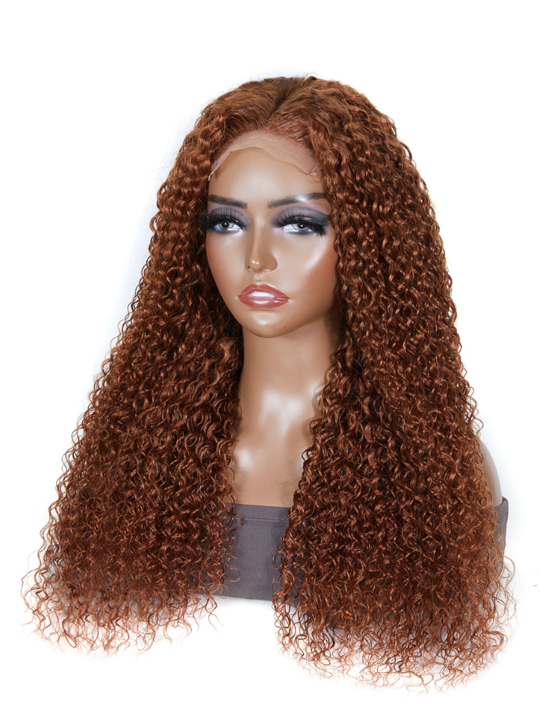 Medium Auburn Jerry Curly Human Hair Glueless Lace Wig 150% Density