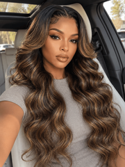 Brown long body wave wig with honey highlights, layered styling, and a realistic pre-plucked hairline.