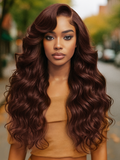 [200% Density] Petaluxe Glueless 100% Human Hair Bye-Bye Knots? 7x5 Lace Dark Auburn Side Part Big Bouncy Wave Wig with Invisi Drawstring