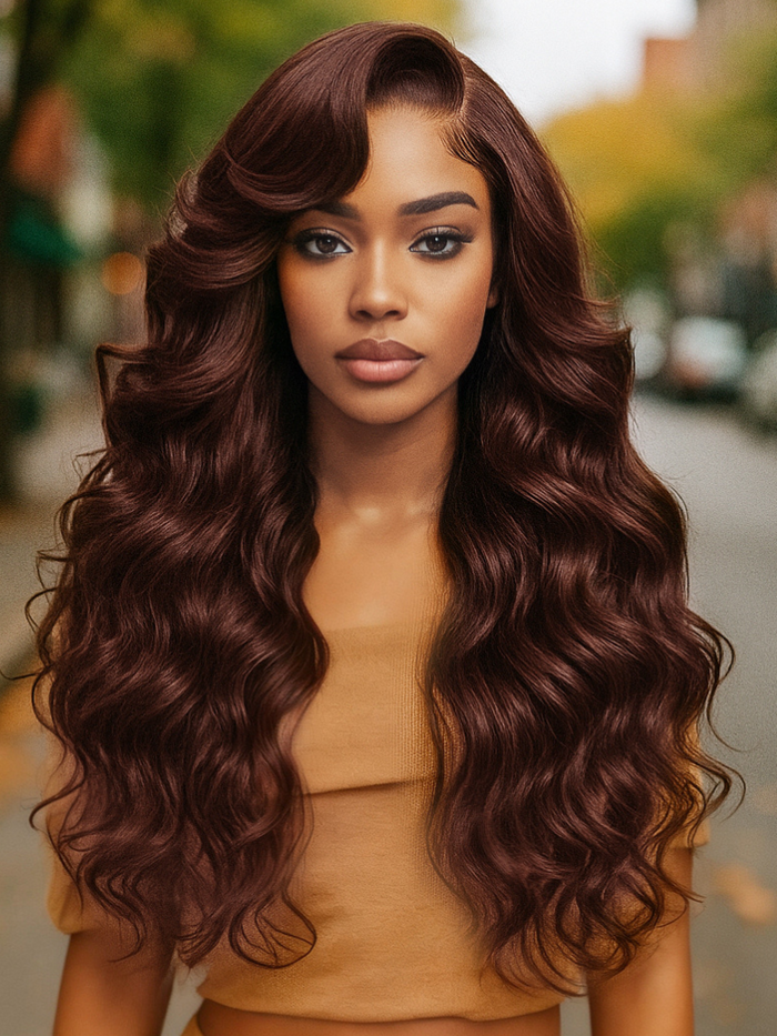 [200% Density] Petaluxe Glueless 100% Human Hair Bye-Bye Knots? 7x5 Lace Dark Auburn Side Part Big Bouncy Wave Wig with Invisi Drawstring