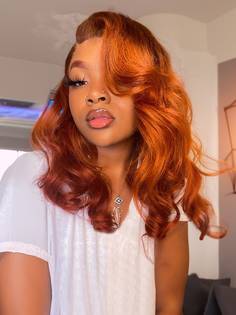 [24"=$129] Lace Part Ginger Color Body Wave Wig 4x0.75 Lace 150% Density Wig