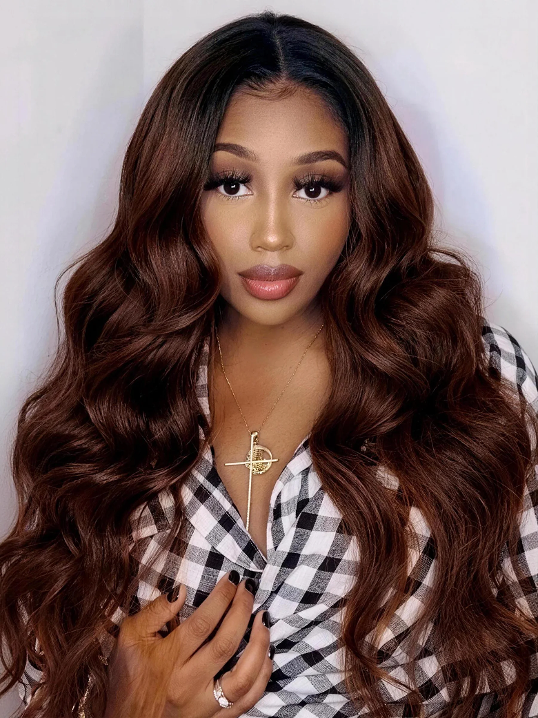 Beginner Friendly Hollow Rose V Part Wig No Glue Throw On & Go Red Brown Body Wave Wig With Dark Roots Flash Deal