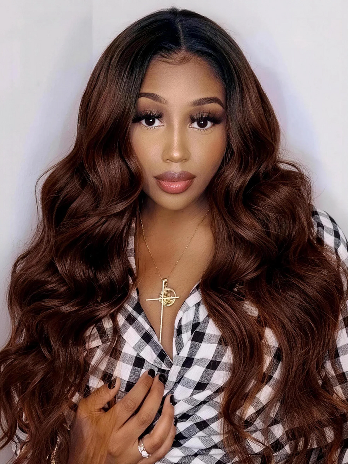 [Flash Sale] Petaluxe Beginner Friendly Hollow Rose V Part Wig No Glue Throw On & Go Red Brown Body Wave Wig With Dark Roots Flash Deal
