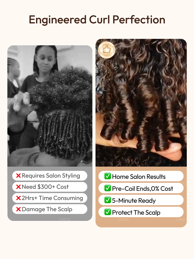 100% Human Hair Glueless Curly Wig With Defined Finger Coil Ends Bye-Bye Knots? 7x5 Lace Black to Chestnut Brown Ombre Drawstring Wig