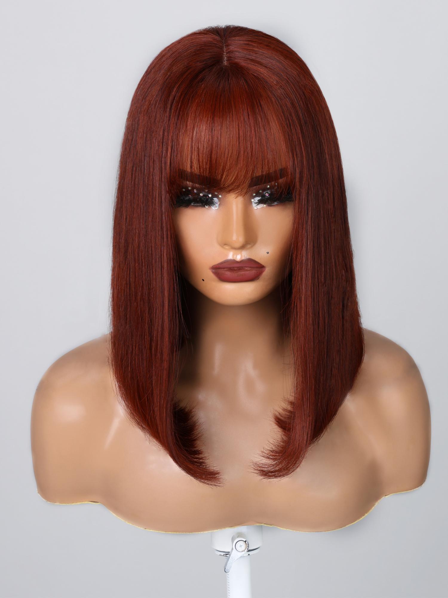 4x0.75 Lace Part Reddish Brown Inverted Bob Wig With Bangs