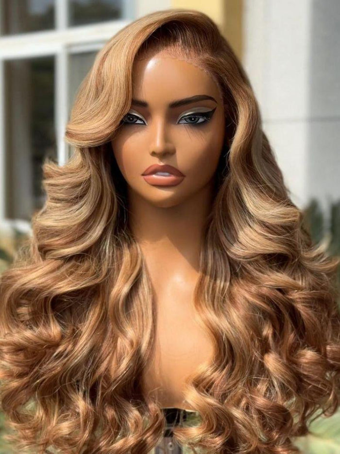 [Limited Time]Petaluxe 13x4 Pre-Everything? Lace Frontal Honey Blonde Highlights Fluffy Loose Wave Curtain Bangs Wig