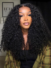 [22"=$99] Kinky Curly Super Bouncy Middle Lace Part 13x4 Frontal Lace Natural Black Human Hair Wigs