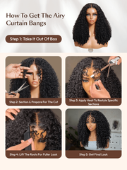 burmese curly wig tutorial infographic demonstrating 5 steps to cut, heat-restyle, and lift roots for curtain bangs.