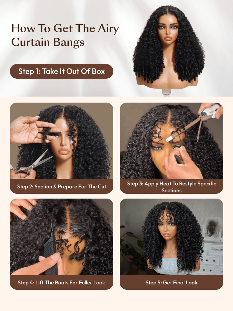 burmese curly wig tutorial infographic demonstrating 5 steps to cut, heat-restyle, and lift roots for curtain bangs.