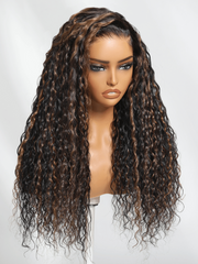 Bye-Bye Knots 7x5 Lace Water Wave Black Wig With Golden Brown Highlights