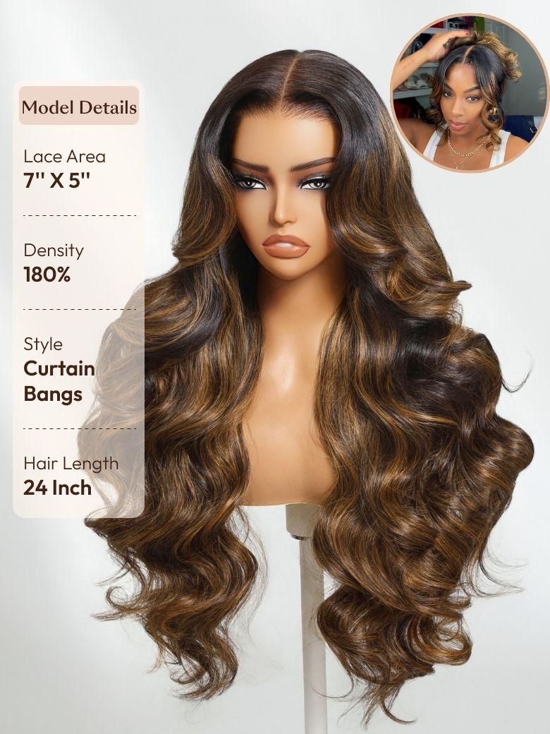 7x5 Bye Bye Knots? Wig Glueless Lace Balayage Highlight Body Wave Drawstring & Curtain Bangs Wig