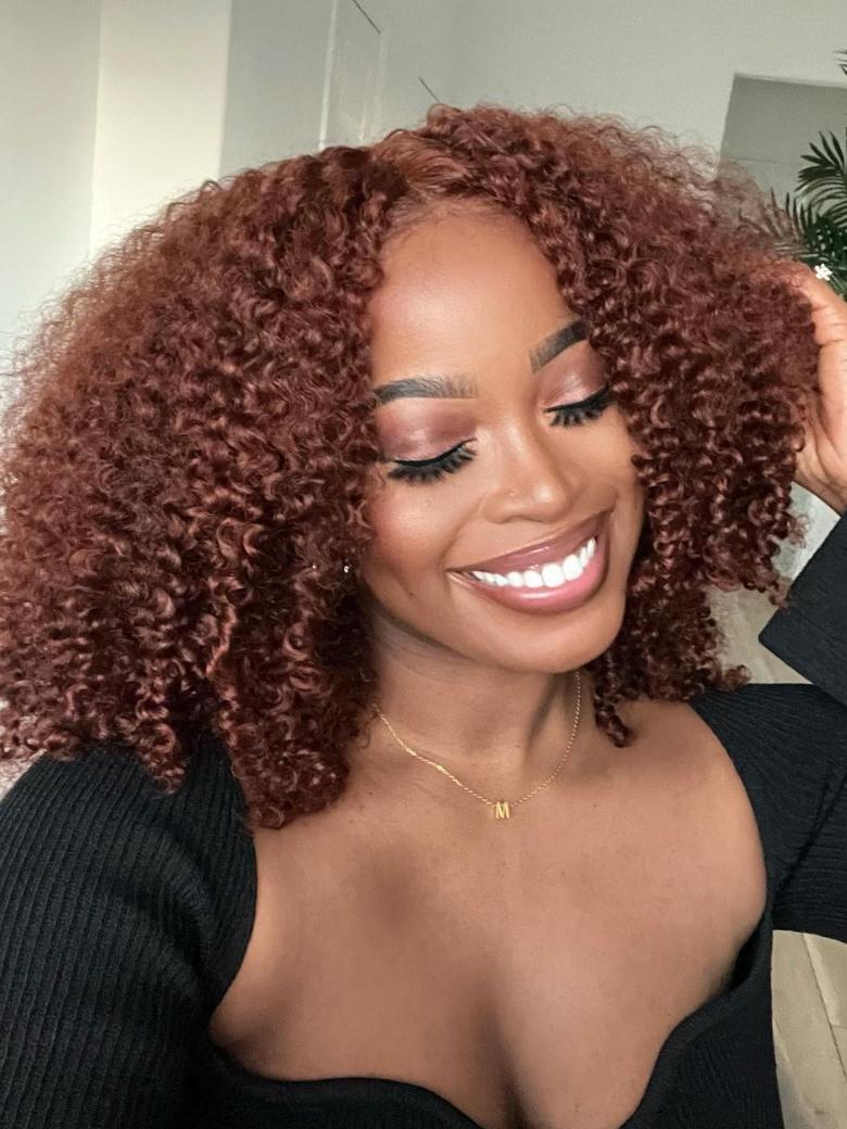 Put On And Go 6x4.5 Pre-Cut Lace Reddish Brown Bouncy Kinky Curly Air Wig
