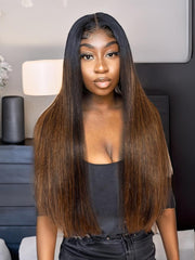 Glueless U Part Straight Wig For Beginners With Brown Highlights