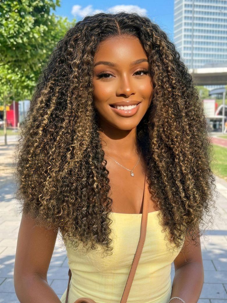 7x5 Bye Bye Slip? Lace Black with Blonde and Caramel Highlights Full Curly Wig with Defined Curls For Beginners