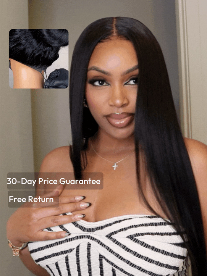 Petaluxe 7x5 Bye Bye Knots? Wig Glueless Lace Black Yaki Straight Wig With Elastic Drawstring 360 Cozy Hug