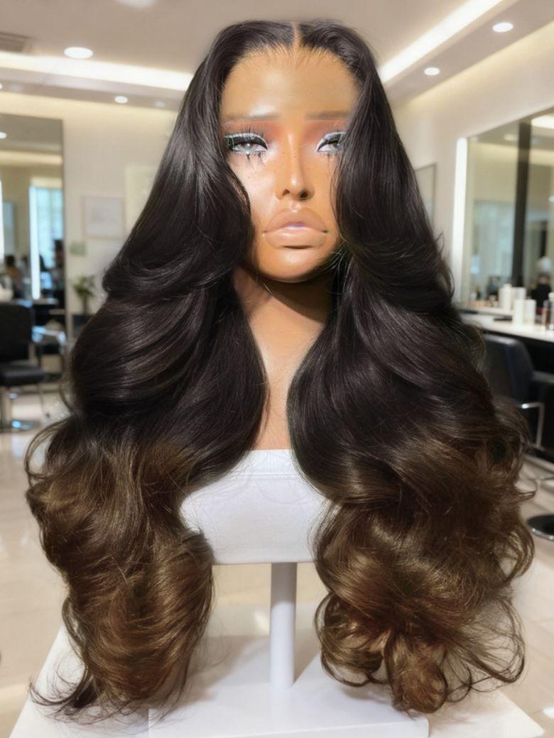 13x4 Pre-Everything? Lace Frontal Chestnut Brown Ombre Loose Wave Drawstring Wig with Face Framing Layers