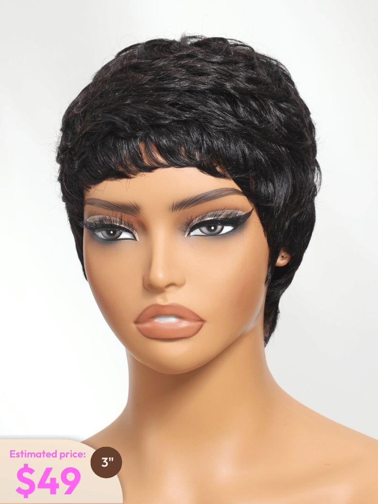 Pixie Cut Baby Bangs Black Human Hair Glueless Wig